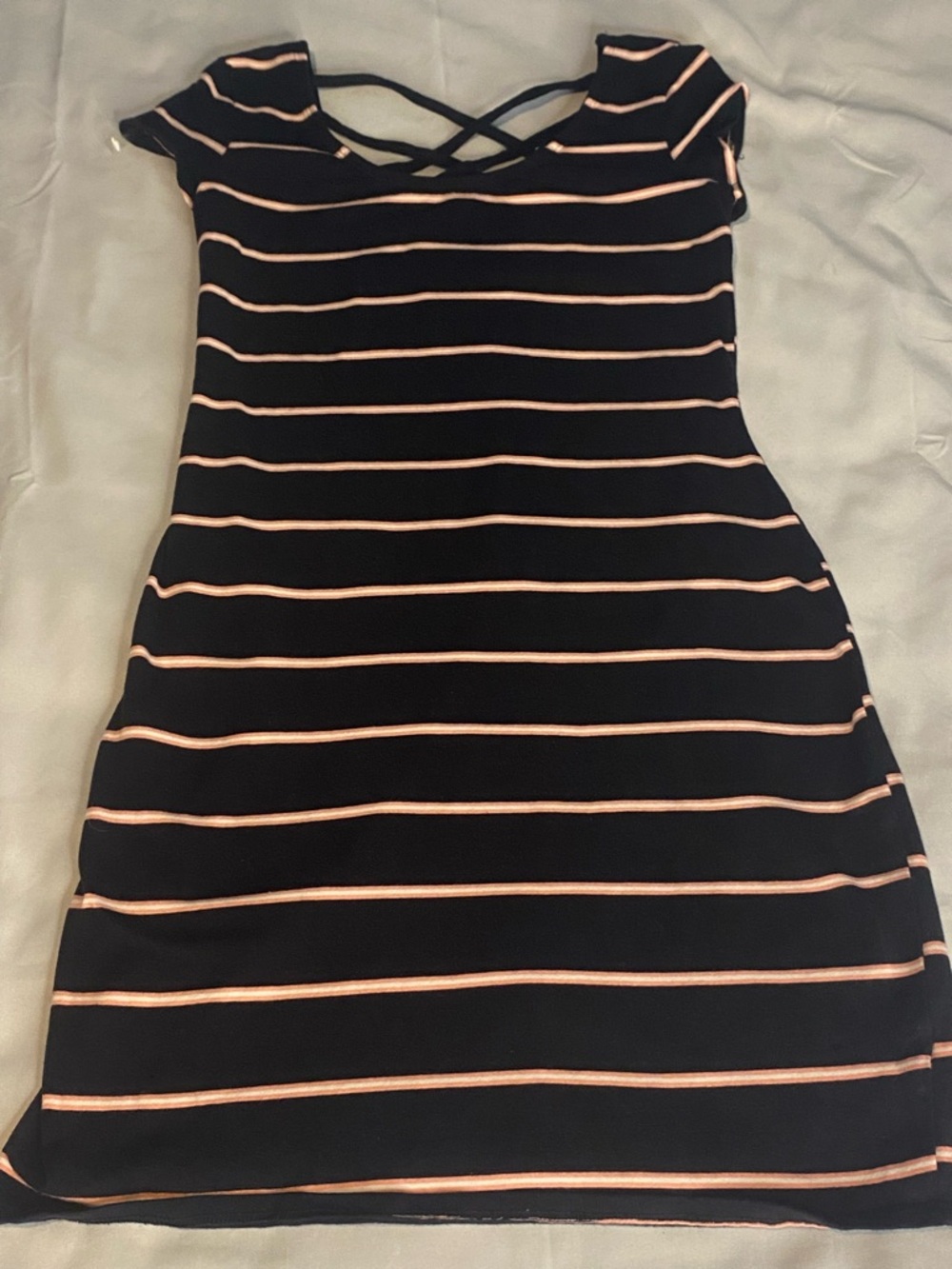 Decree Black Dress with Light Pink Stripes and Crisscross Neck